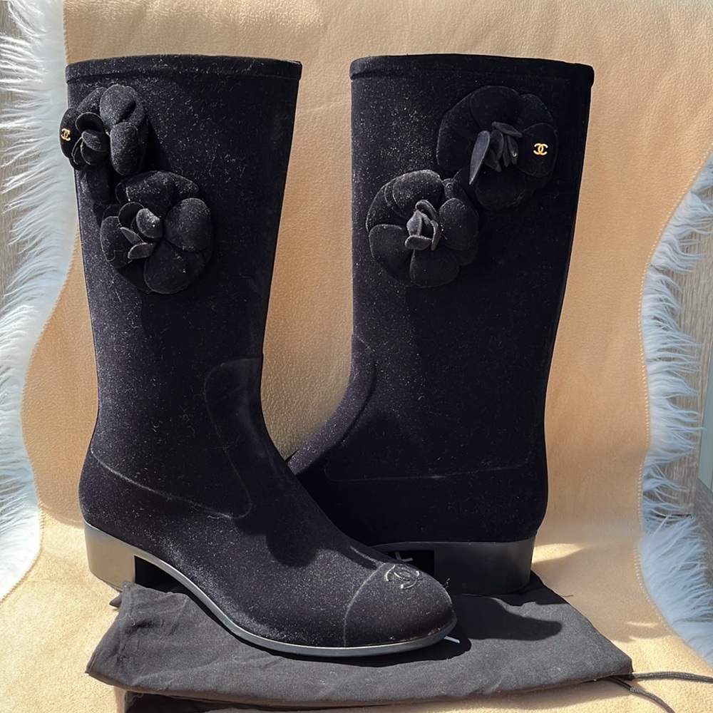 Authentic Chanel Dark Navy Camellia Velvet Boots